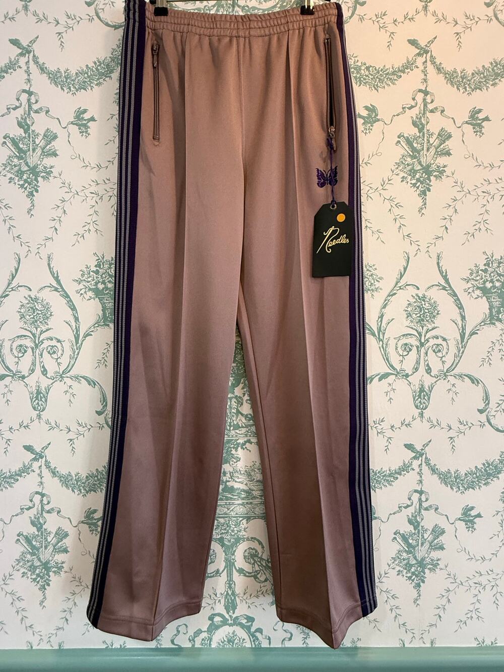 Needles Poly Smooth Track Pants Taupe Purple Butterfly - NWT - Studio - Sz S